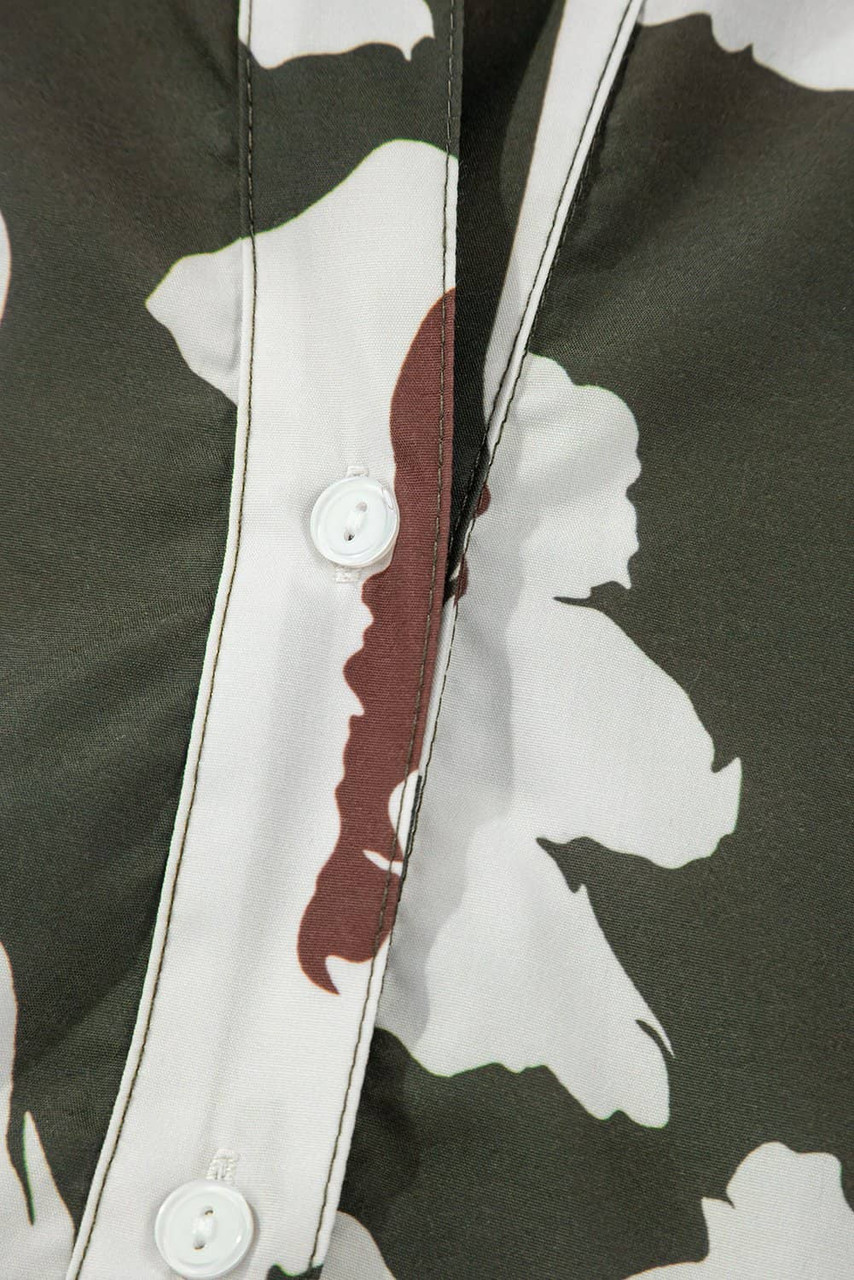 Four Leaf Clover Abstract Floral Print Puff Sleeve Half Button Blouse Four Leaf Clover Abstract Floral Print Puff Sleeve Half Button Blouse