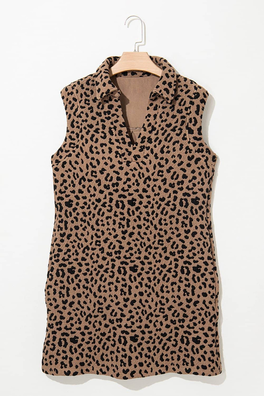 Khaki Leopard Print V Neck Sleeveless Collared Mini Dress Khaki Leopard Print V Neck Sleeveless Collared Mini Dress