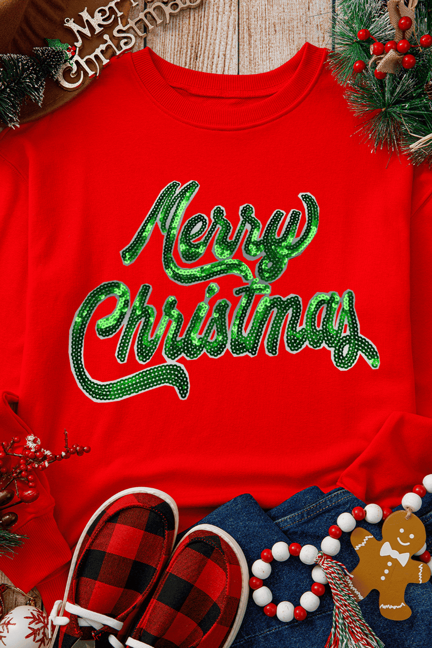 Red Merry Christmas Crewneck Drop Shoulder Loose Sweatshirt Red Merry Christmas Crewneck Drop Shoulder Loose Sweatshirt