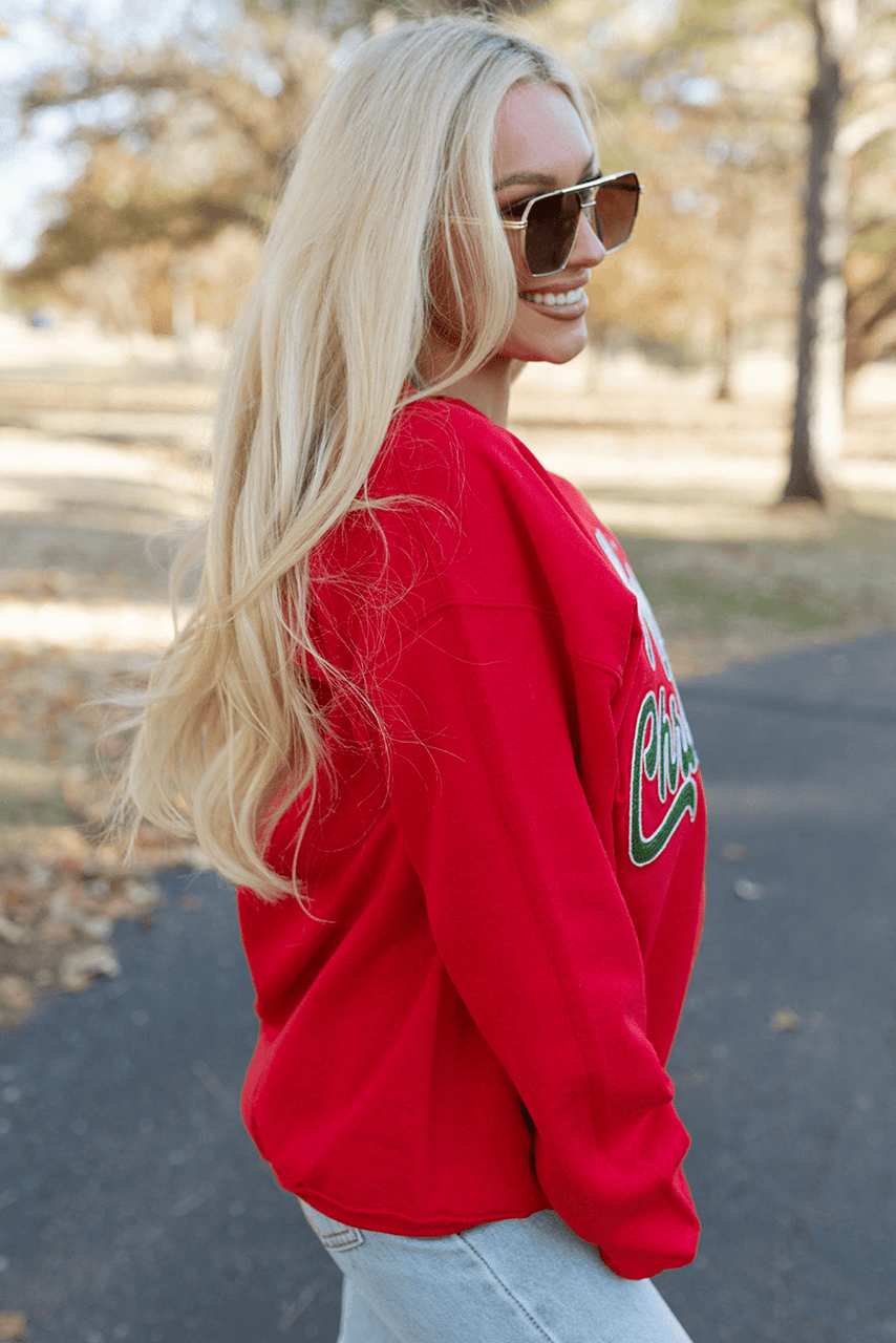 Red Merry Christmas Crewneck Drop Shoulder Loose Sweatshirt Red Merry Christmas Crewneck Drop Shoulder Loose Sweatshirt