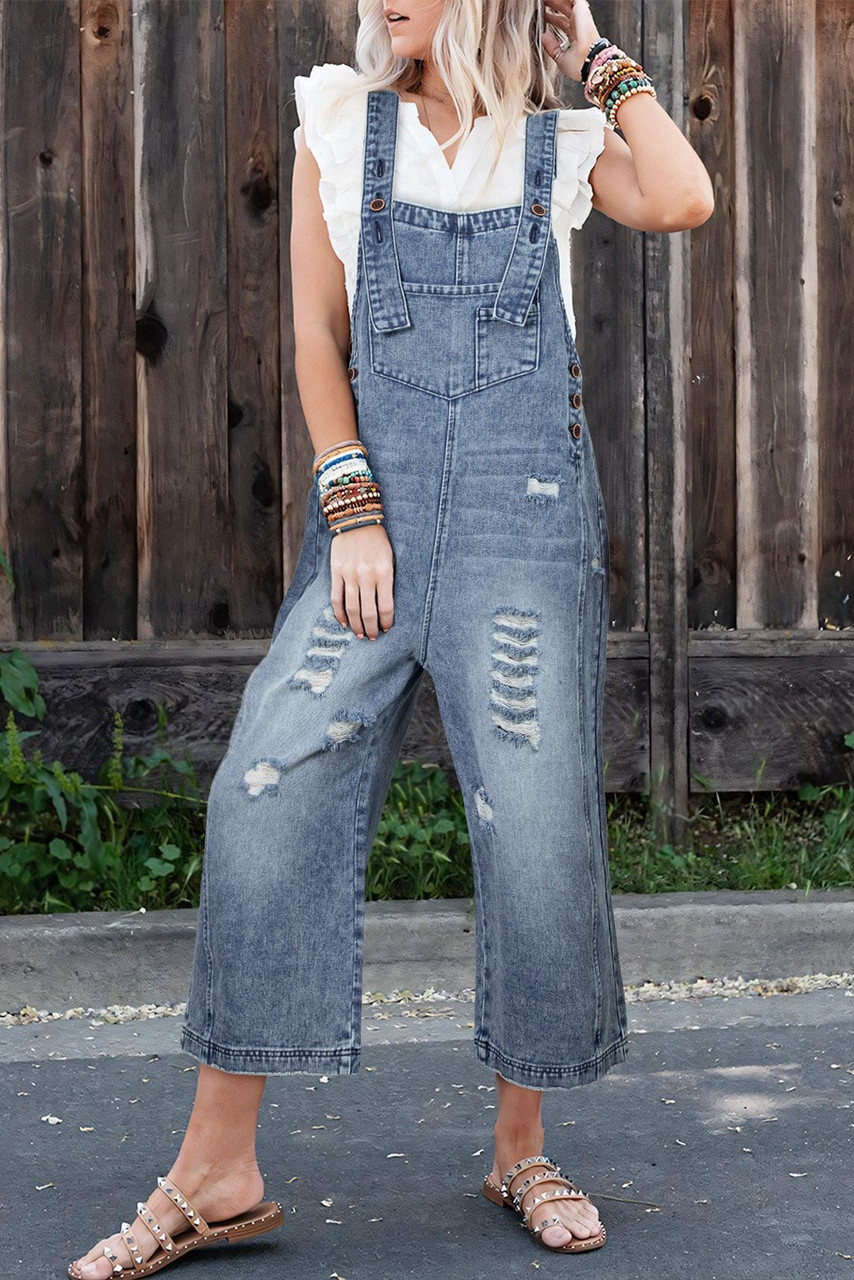 Stone Blue Distressed Bib Pocket Wide Leg Denim Overall Stone Blue Distressed Bib Pocket Wide Leg Denim Overall