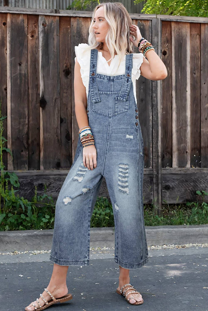 Stone Blue Distressed Bib Pocket Wide Leg Denim Overall Stone Blue Distressed Bib Pocket Wide Leg Denim Overall