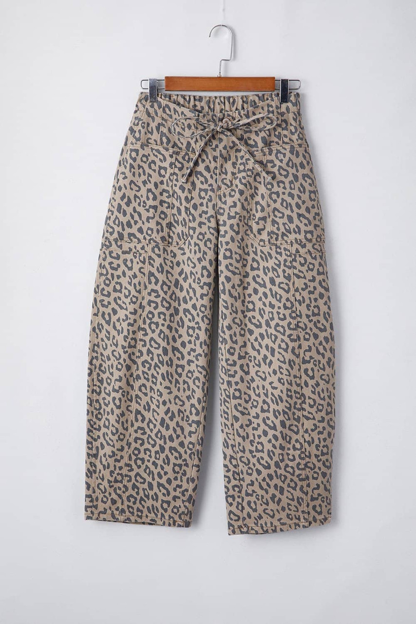 Khaki Leopard Printed Drawstring Waist Pocketed Wide Leg Jeans Khaki Leopard Printed Drawstring Waist Pocketed Wide Leg Jeans
