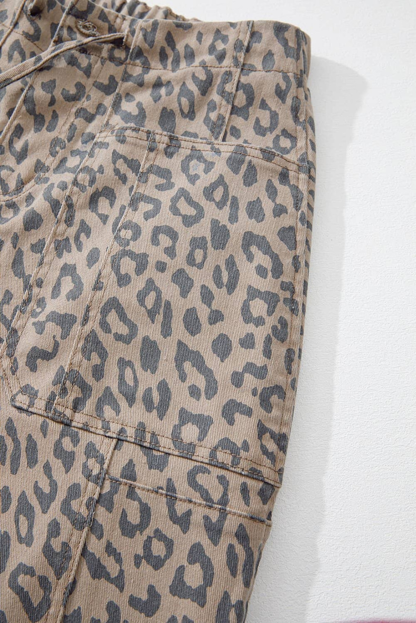 Khaki Leopard Printed Drawstring Waist Pocketed Wide Leg Jeans Khaki Leopard Printed Drawstring Waist Pocketed Wide Leg Jeans