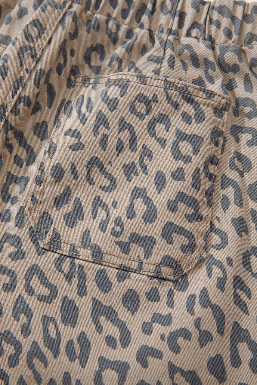 Khaki Leopard Printed Drawstring Waist Pocketed Wide Leg Jeans Khaki Leopard Printed Drawstring Waist Pocketed Wide Leg Jeans