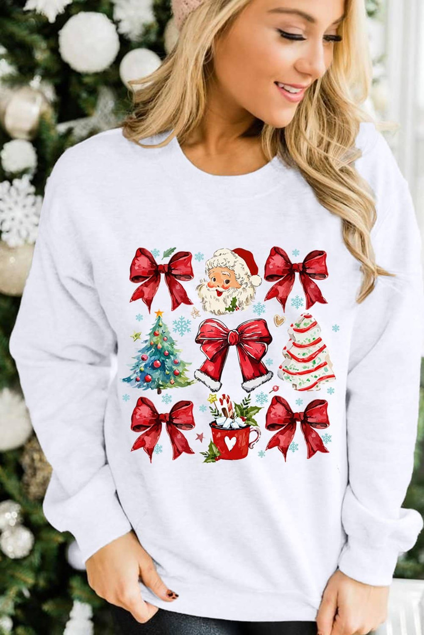 Beige Christmas Tree Bowknot Santa Clause Graphic Holiday Sweatshirt Beige Christmas Tree Bowknot Santa Clause Graphic Holiday Sweatshirt