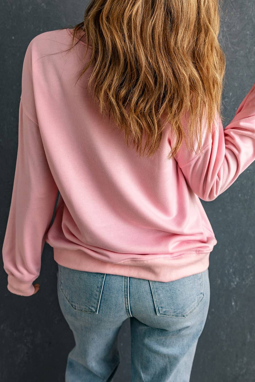 Pink Christmas Bow Candy Cane Graphic Drop Shoulder Crew Neck Sweatshirt Pink Christmas Bow Candy Cane Graphic Drop Shoulder Crew Neck Sweatshirt