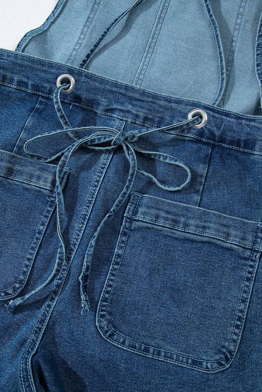 Dusk Blue Adjustable Tie Straps Cropped Wide Leg Denim Overalls