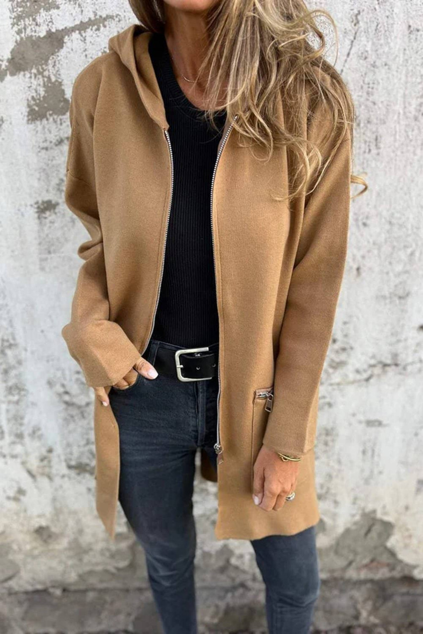 Light French Beige Solid Color Casual Zip up Hooded Coat Light French Beige Solid Color Casual Zip up Hooded Coat