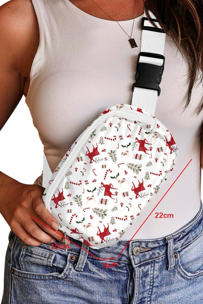 White Christmas Pattern Print Buckle Wide Strap Crossbody Bag White Christmas Pattern Print Buckle Wide Strap Crossbody Bag