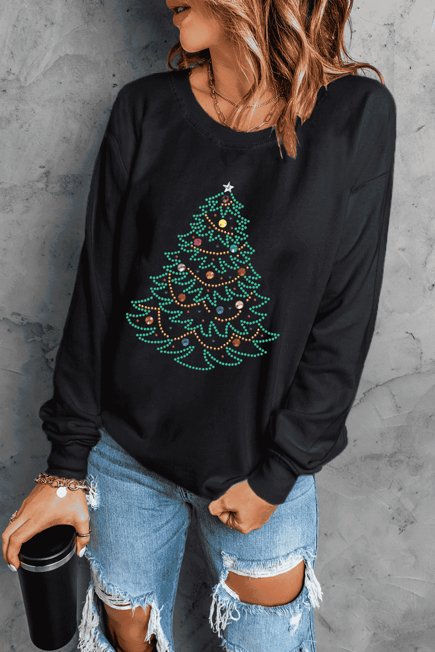 Black Rhinestone Christmas Tree Graphic Pullover Sweatshirt
