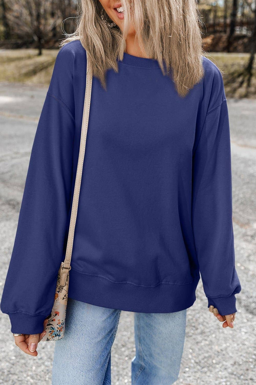 Navy Blue Plain Drop Shoulder Crewneck Pullover Sweatshirt Navy Blue Plain Drop Shoulder Crewneck Pullover Sweatshirt