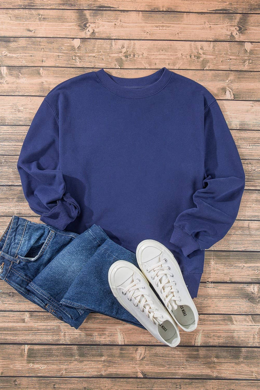 Navy Blue Plain Drop Shoulder Crewneck Pullover Sweatshirt Navy Blue Plain Drop Shoulder Crewneck Pullover Sweatshirt