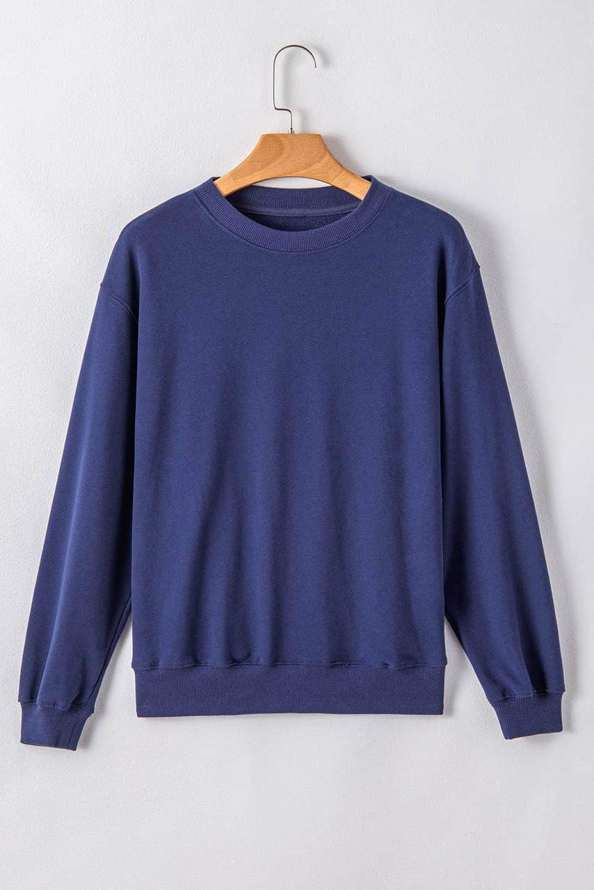 Navy Blue Plain Drop Shoulder Crewneck Pullover Sweatshirt Navy Blue Plain Drop Shoulder Crewneck Pullover Sweatshirt
