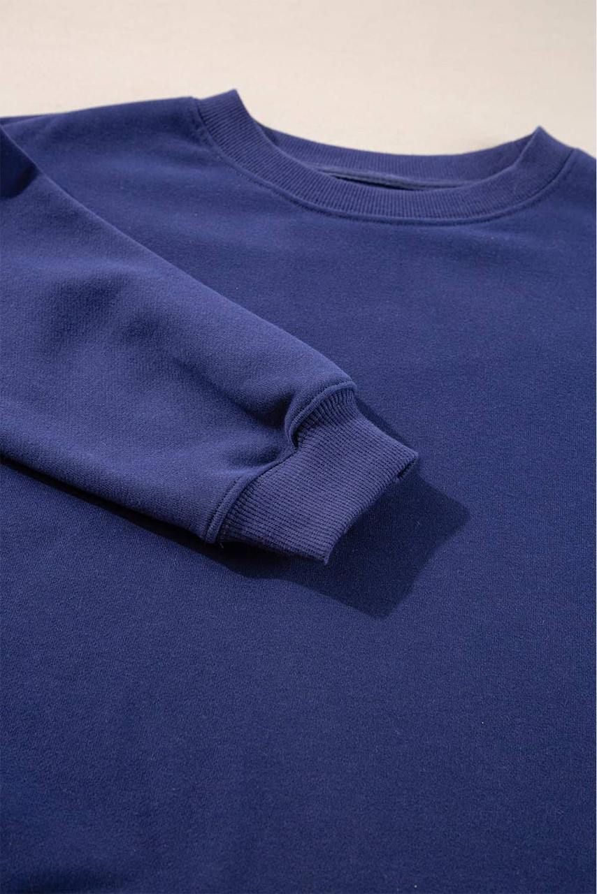Navy Blue Plain Drop Shoulder Crewneck Pullover Sweatshirt Navy Blue Plain Drop Shoulder Crewneck Pullover Sweatshirt