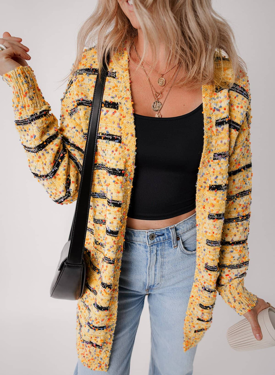 Beige Striped Pom Pom Knit Open Front Long Cardigan Beige Striped Pom Pom Knit Open Front Long Cardigan