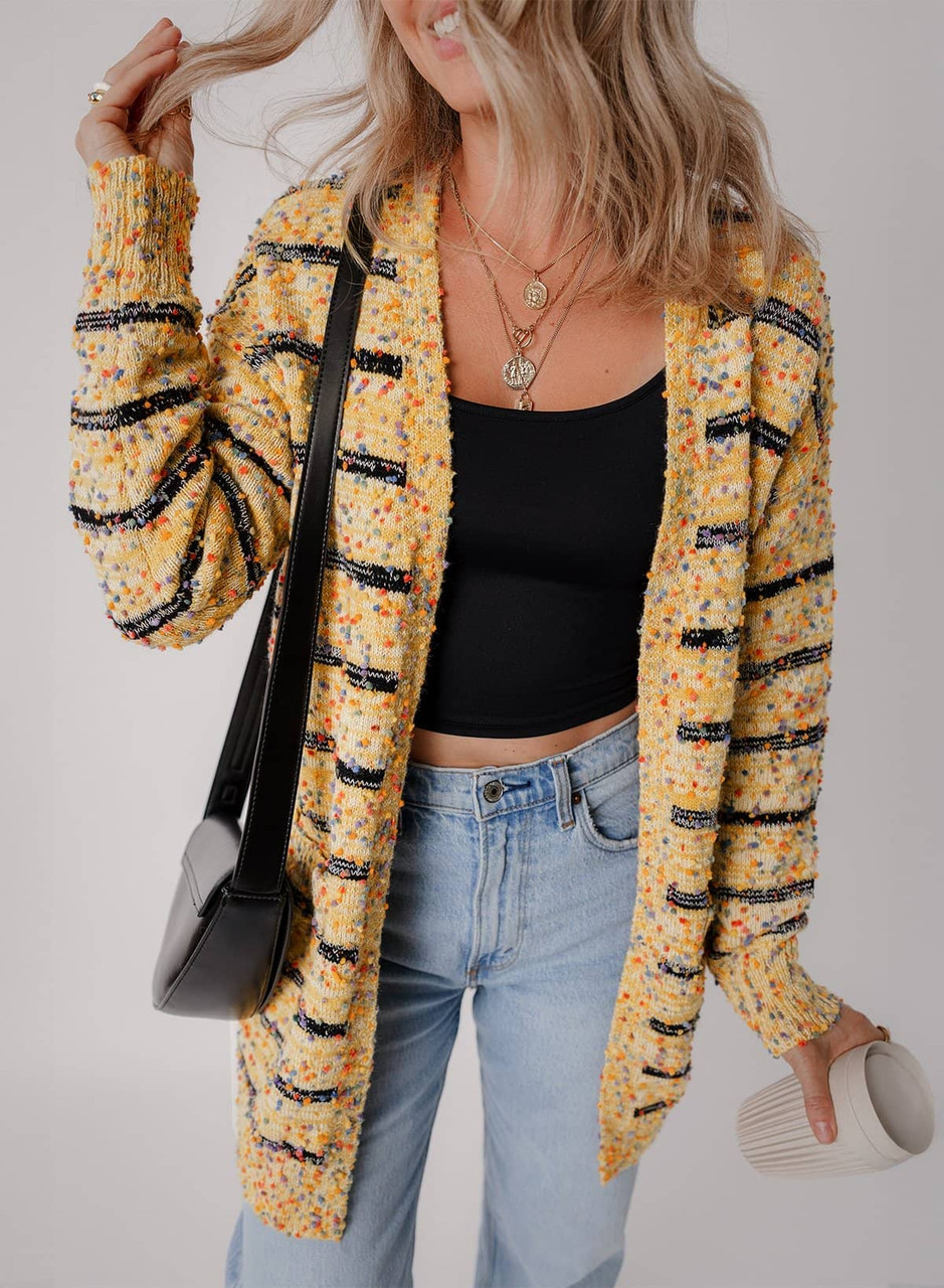 Beige Striped Pom Pom Knit Open Front Long Cardigan Beige Striped Pom Pom Knit Open Front Long Cardigan