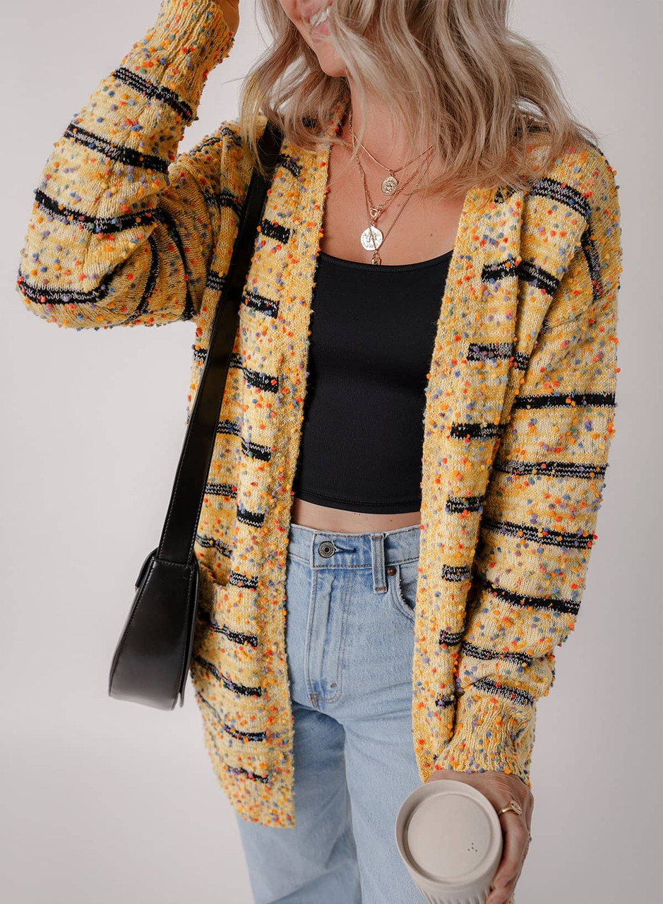 Beige Striped Pom Pom Knit Open Front Long Cardigan Beige Striped Pom Pom Knit Open Front Long Cardigan