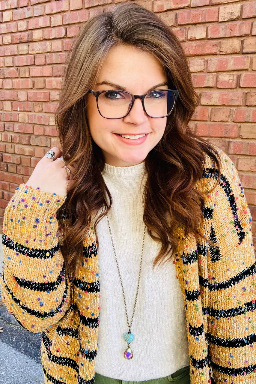 Beige Striped Pom Pom Knit Open Front Long Cardigan Beige Striped Pom Pom Knit Open Front Long Cardigan