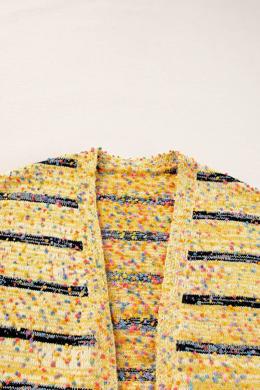 Beige Striped Pom Pom Knit Open Front Long Cardigan Beige Striped Pom Pom Knit Open Front Long Cardigan