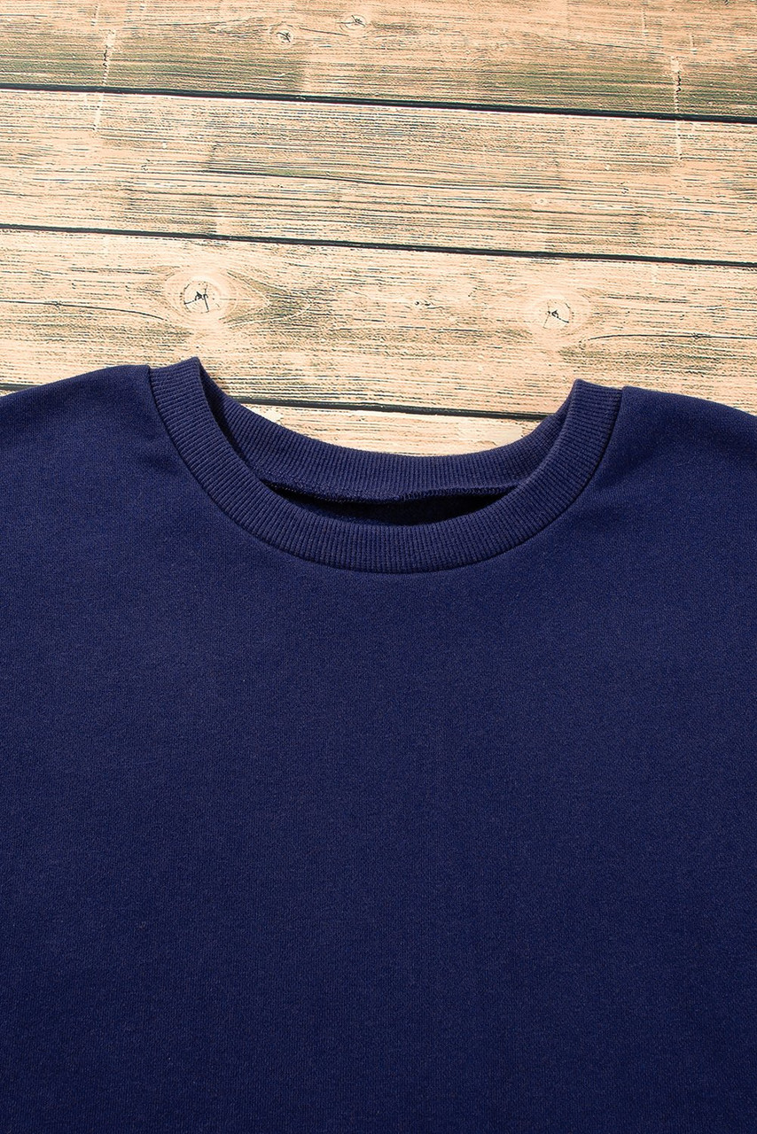 Navy Blue Solid Fleece Lined Drop Shoulder High Low Sweatshirt