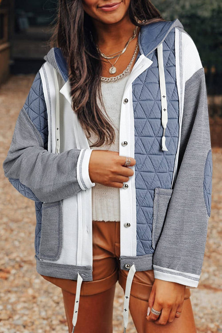 Light Blue Quilted Textured Patchwork Loose Fit Hooded Jacket Light Blue Quilted Textured Patchwork Loose Fit Hooded Jacket