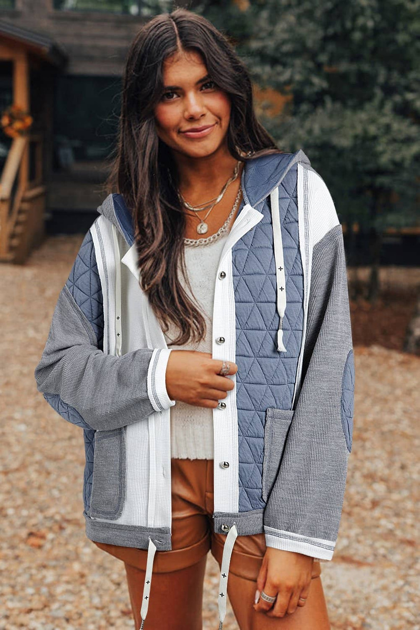 Light Blue Quilted Textured Patchwork Loose Fit Hooded Jacket Light Blue Quilted Textured Patchwork Loose Fit Hooded Jacket