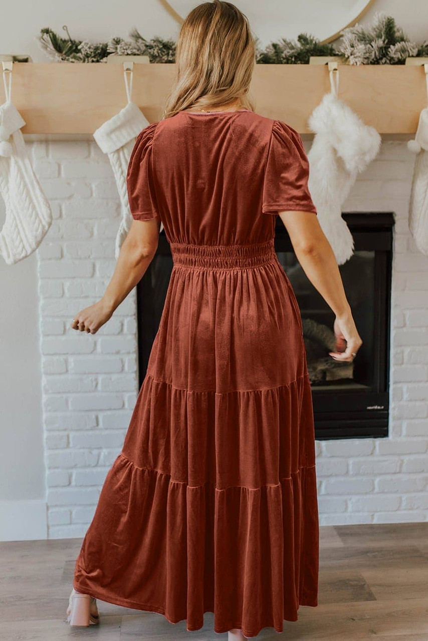 Chestnut Velvet Short Sleeve Shirred Waist Tiered Maxi Dress Chestnut Velvet Short Sleeve Shirred Waist Tiered Maxi Dress