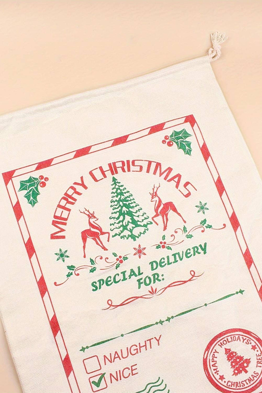 White Merry Christmas Elk Print Drawstring Gift Sack