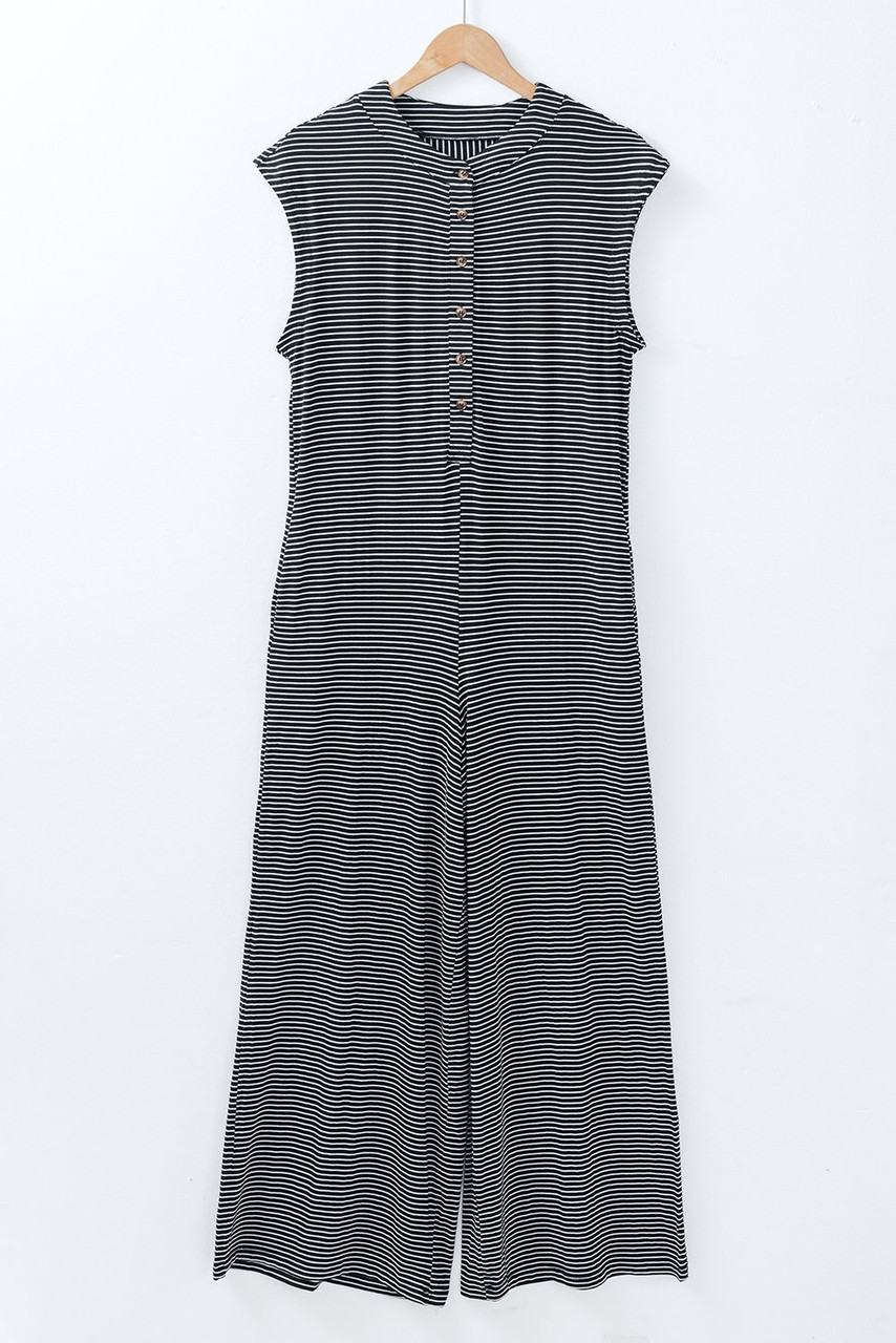 Black white Striped Print Buttoned Wide Leg Sleeveless Jumpsuit Black white Striped Print Buttoned Wide Leg Sleeveless Jumpsuit