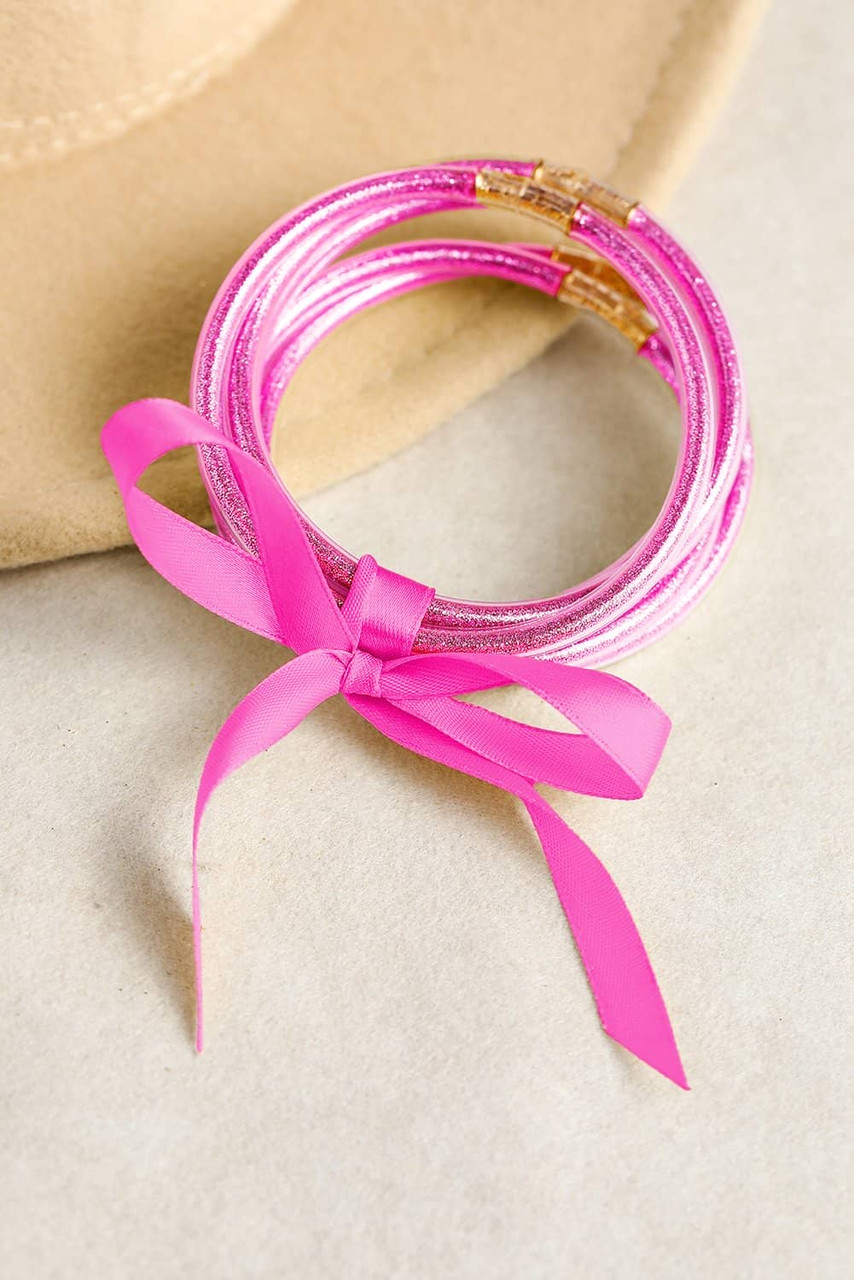 Pink 5pcs Glitter Jelly Bow Knot Ribbon Bracelet Set