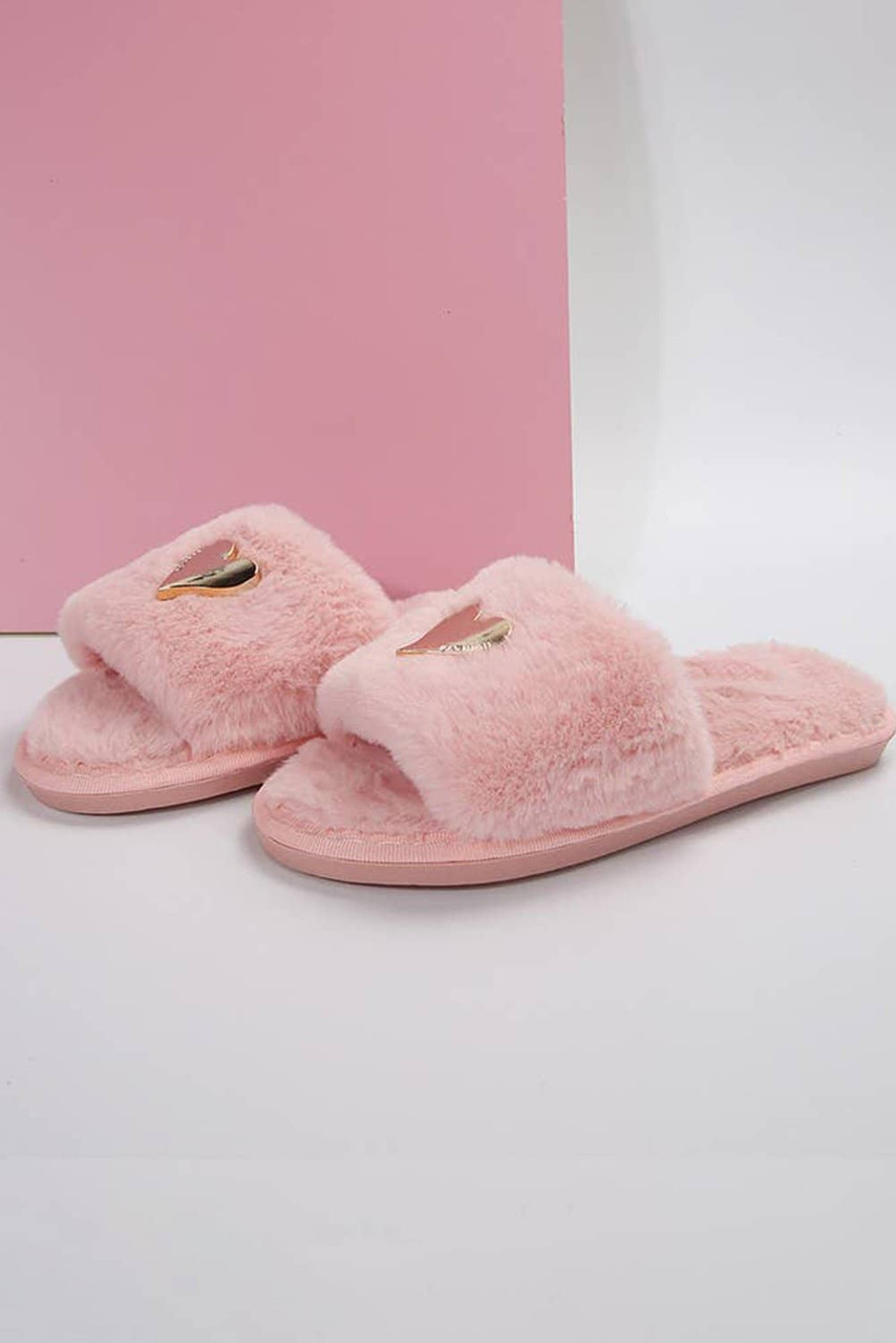 Pink Heart Shape Buckle Decor Open Toe Plush Slippers Pink Heart Shape Buckle Decor Open Toe Plush Slippers
