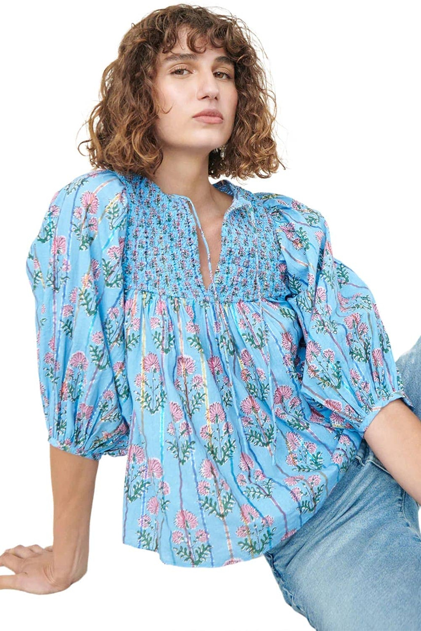 Sky Blue Floral Striped Print Shirred Yoke Split Neck Blouse Sky Blue Floral Striped Print Shirred Yoke Split Neck Blouse