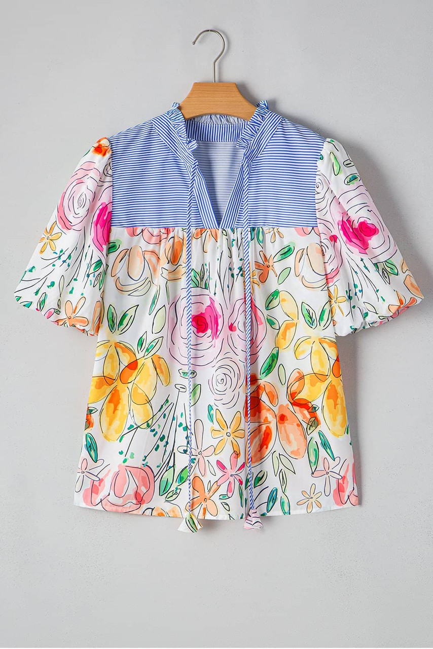 Multicolour Floral Print Striped Yoke Frilled V Neck Puff Short Sleeve Blouse Multicolour Floral Print Striped Yoke Frilled V Neck Puff Short Sleeve Blouse