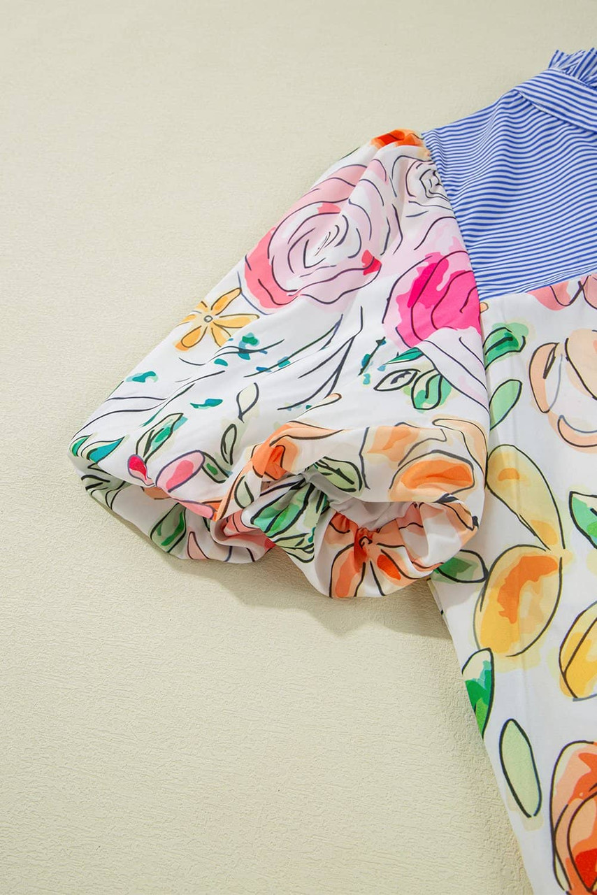 Multicolour Floral Print Striped Yoke Frilled V Neck Puff Short Sleeve Blouse Multicolour Floral Print Striped Yoke Frilled V Neck Puff Short Sleeve Blouse