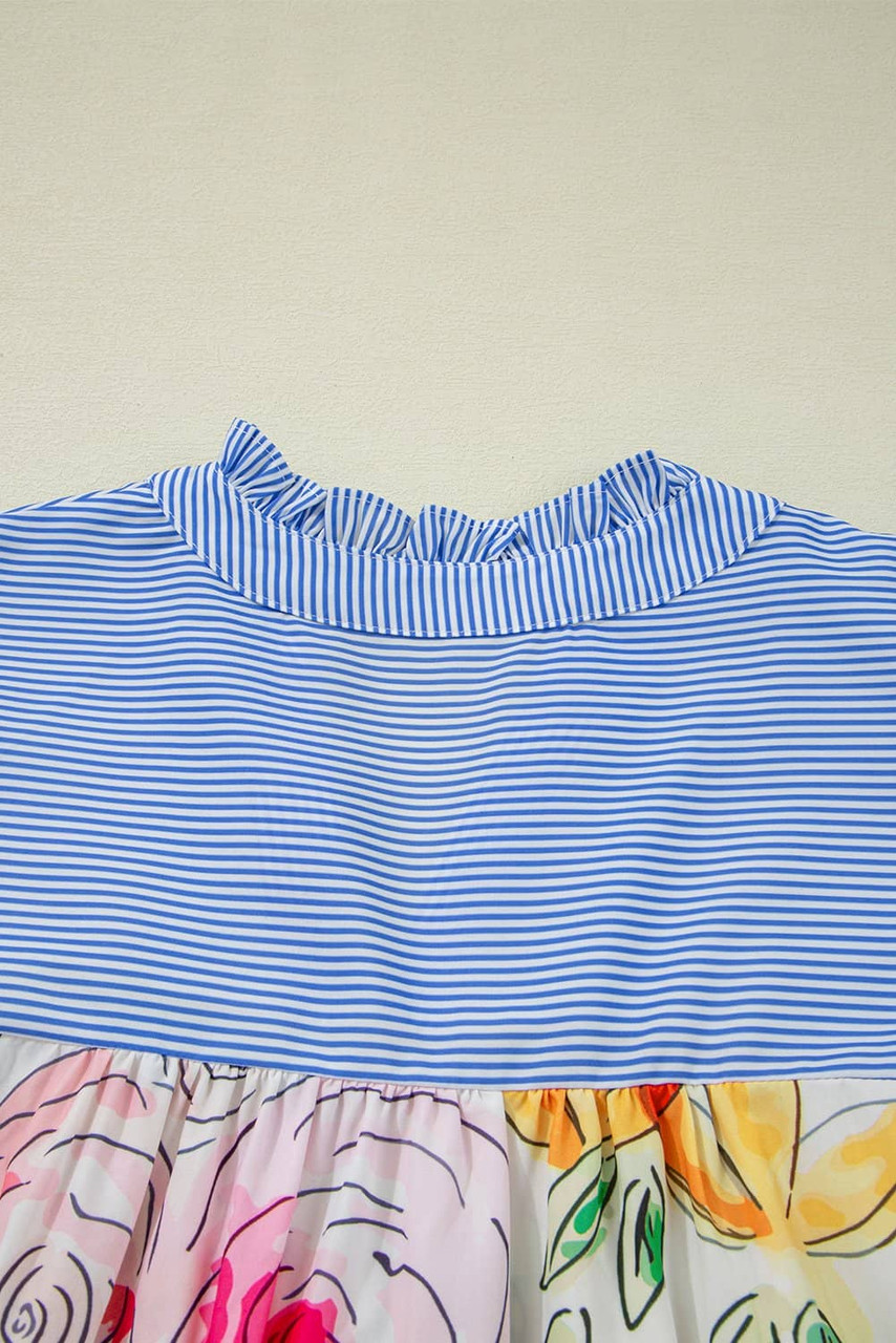Multicolour Floral Print Striped Yoke Frilled V Neck Puff Short Sleeve Blouse Multicolour Floral Print Striped Yoke Frilled V Neck Puff Short Sleeve Blouse