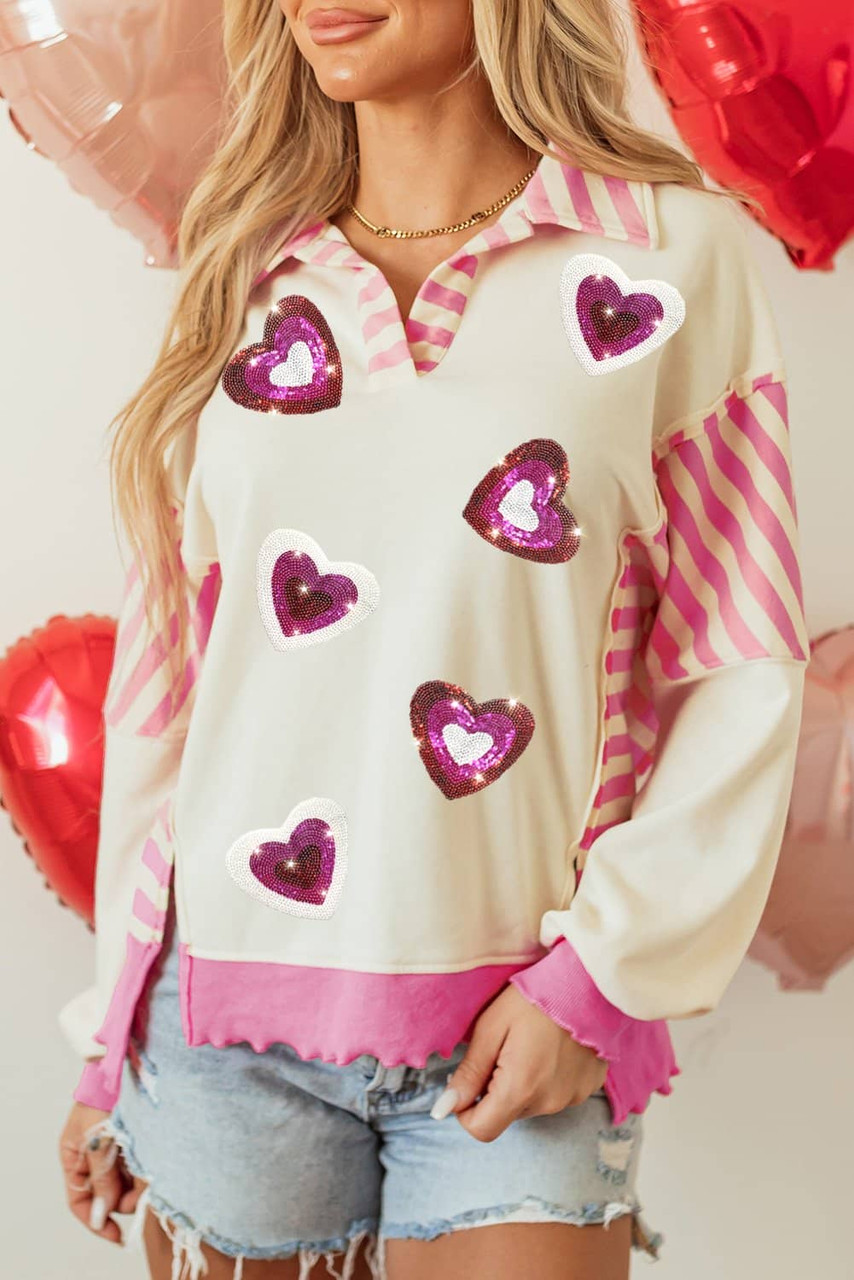 Pink Stripe Patchwork Sequin Heart Pattern Long Sleeve Collared Split Top Pink Stripe Patchwork Sequin Heart Pattern Long Sleeve Collared Split Top