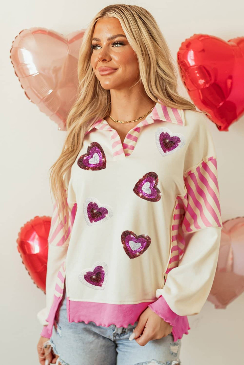 Pink Stripe Patchwork Sequin Heart Pattern Long Sleeve Collared Split Top Pink Stripe Patchwork Sequin Heart Pattern Long Sleeve Collared Split Top