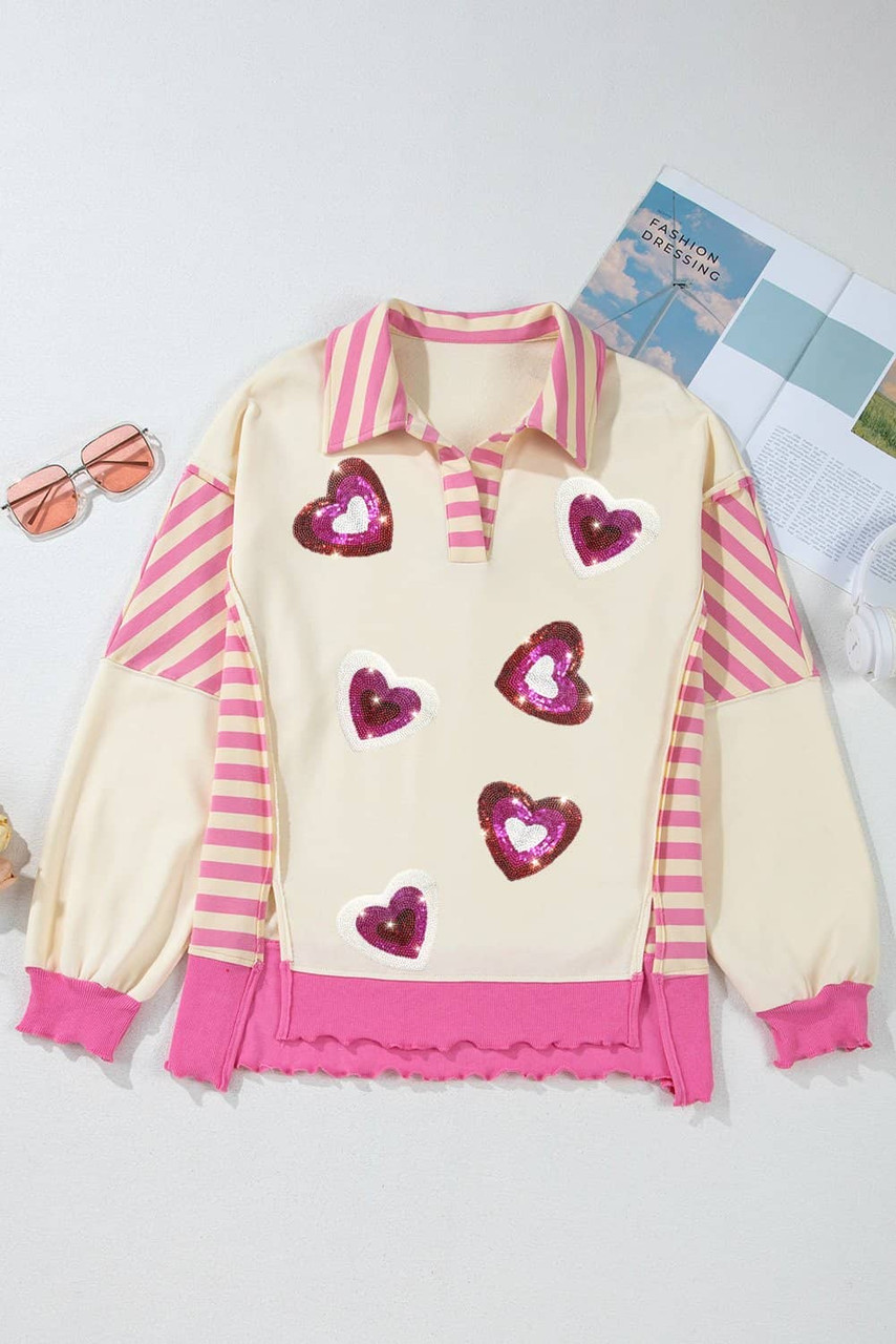 Pink Stripe Patchwork Sequin Heart Pattern Long Sleeve Collared Split Top Pink Stripe Patchwork Sequin Heart Pattern Long Sleeve Collared Split Top