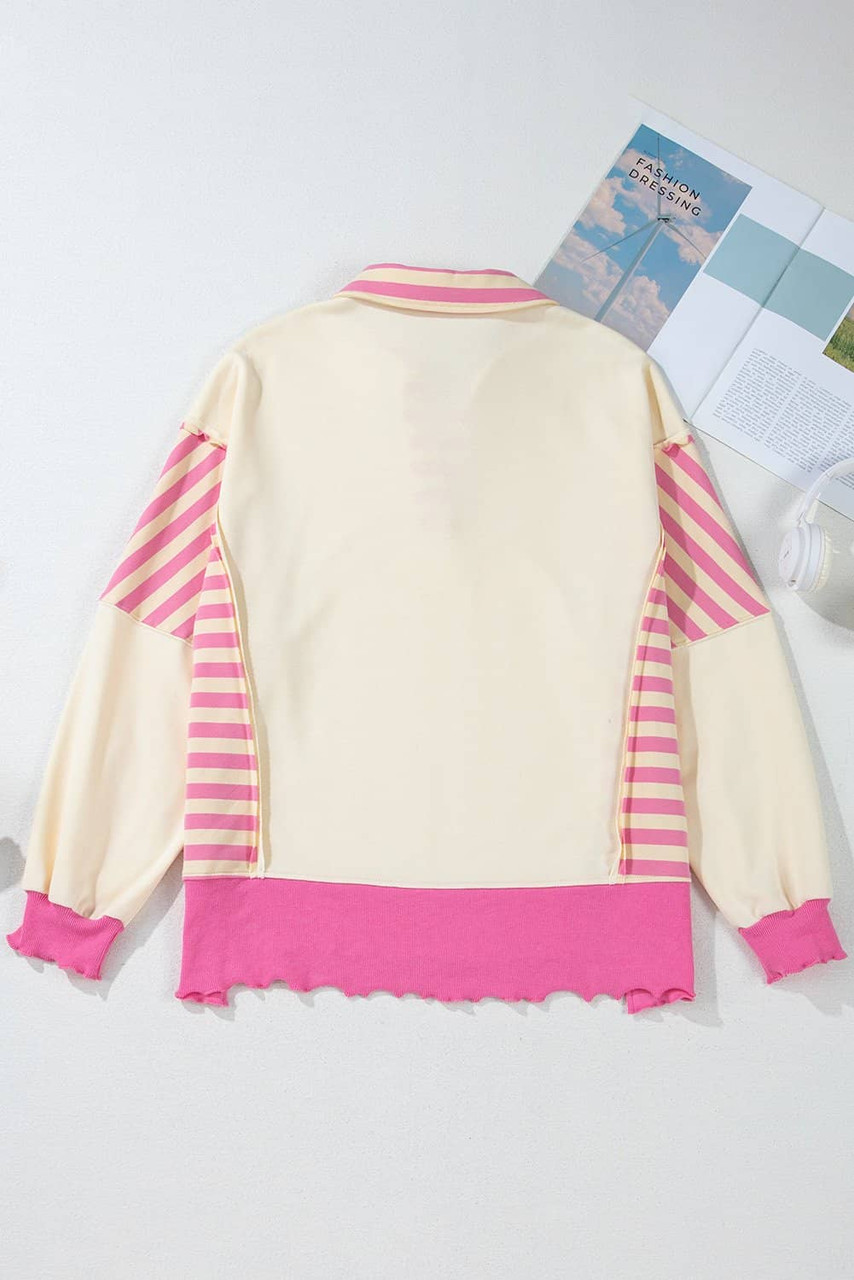 Pink Stripe Patchwork Sequin Heart Pattern Long Sleeve Collared Split Top Pink Stripe Patchwork Sequin Heart Pattern Long Sleeve Collared Split Top