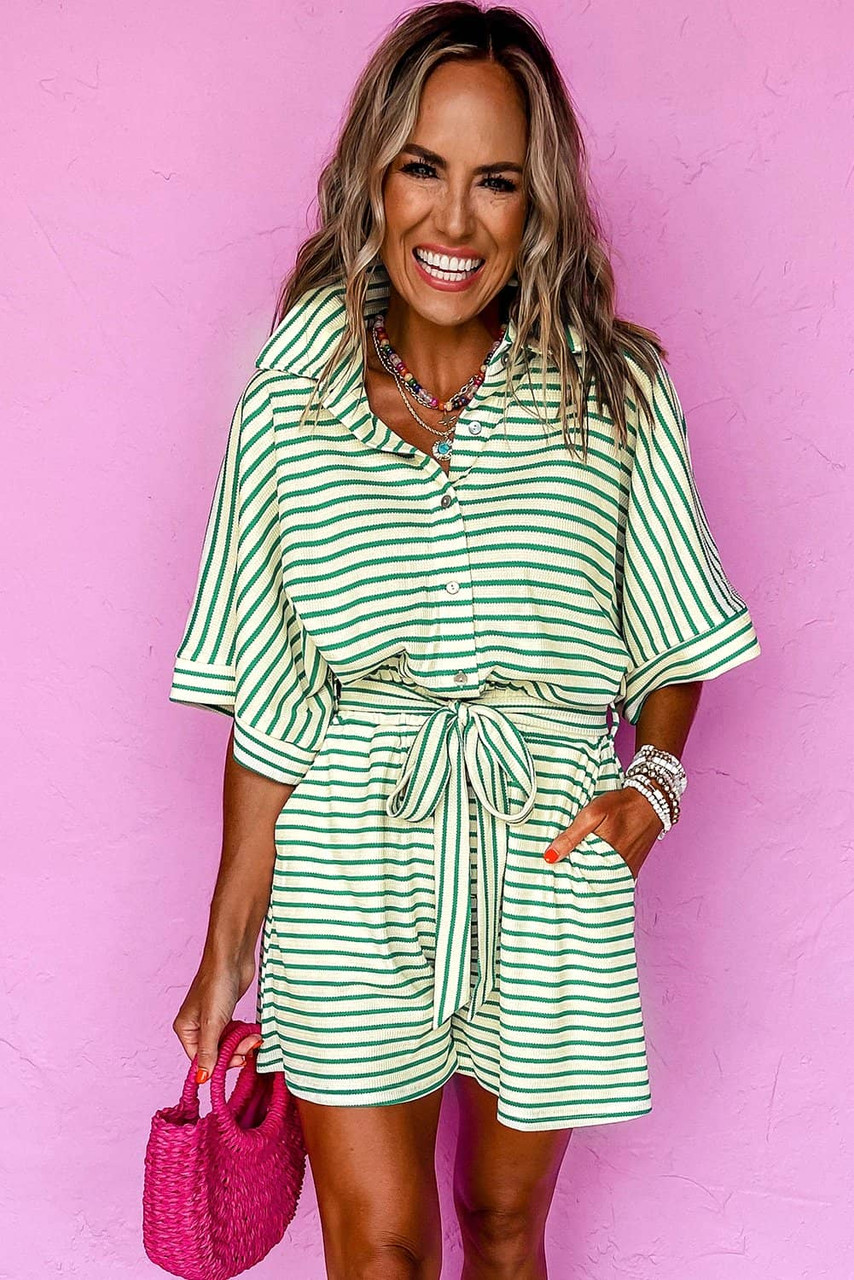Green Stripe Textured Short Sleeve Collared Buttoned Waist Tie Romper Green Stripe Textured Short Sleeve Collared Buttoned Waist Tie Romper