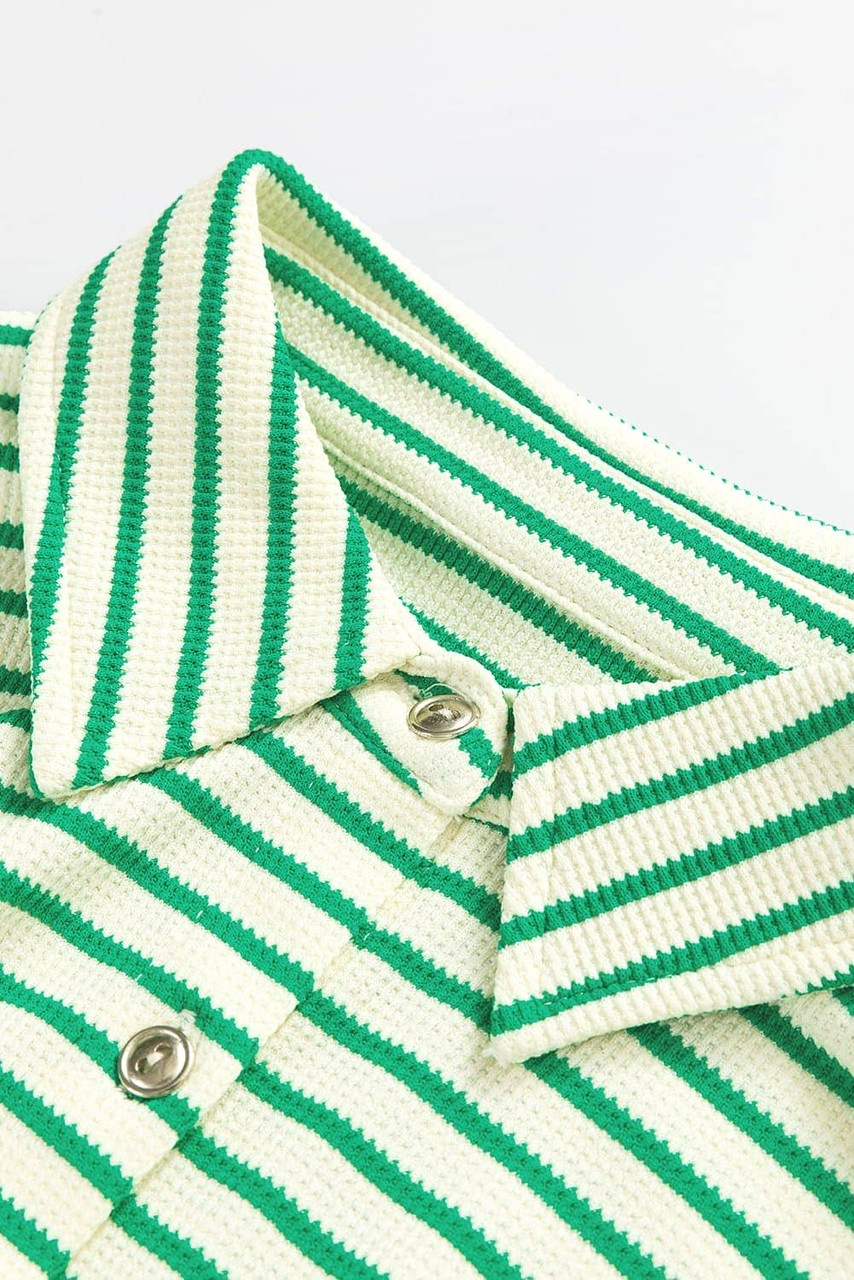 Green Stripe Textured Short Sleeve Collared Buttoned Waist Tie Romper Green Stripe Textured Short Sleeve Collared Buttoned Waist Tie Romper