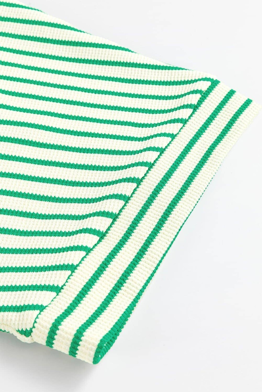 Green Stripe Textured Short Sleeve Collared Buttoned Waist Tie Romper Green Stripe Textured Short Sleeve Collared Buttoned Waist Tie Romper