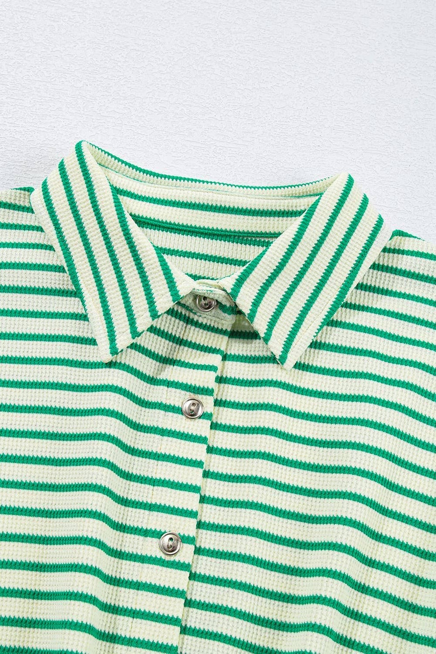 Green Stripe Textured Short Sleeve Collared Buttoned Waist Tie Romper Green Stripe Textured Short Sleeve Collared Buttoned Waist Tie Romper