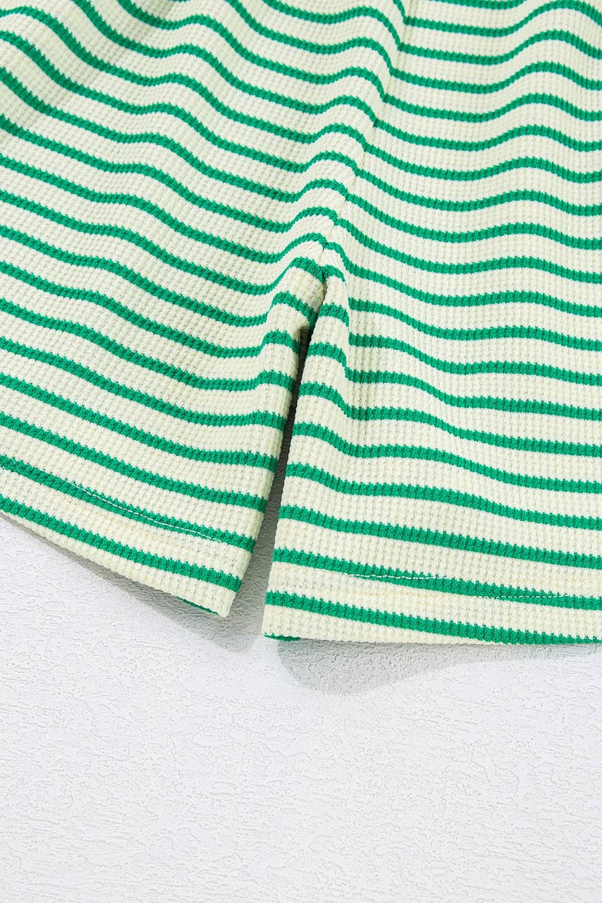 Green Stripe Textured Short Sleeve Collared Buttoned Waist Tie Romper Green Stripe Textured Short Sleeve Collared Buttoned Waist Tie Romper
