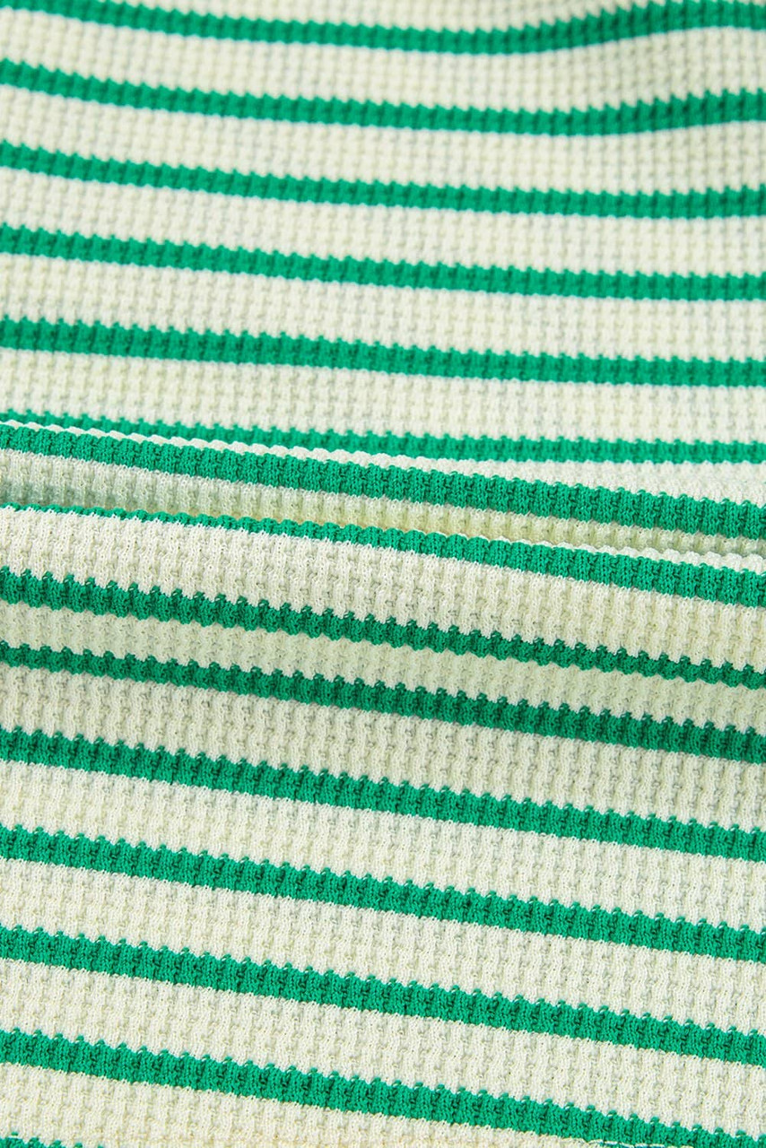 Green Stripe Textured Short Sleeve Collared Buttoned Waist Tie Romper Green Stripe Textured Short Sleeve Collared Buttoned Waist Tie Romper