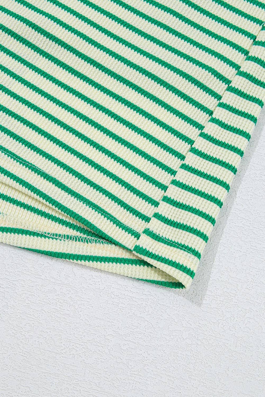 Green Stripe Textured Short Sleeve Collared Buttoned Waist Tie Romper Green Stripe Textured Short Sleeve Collared Buttoned Waist Tie Romper