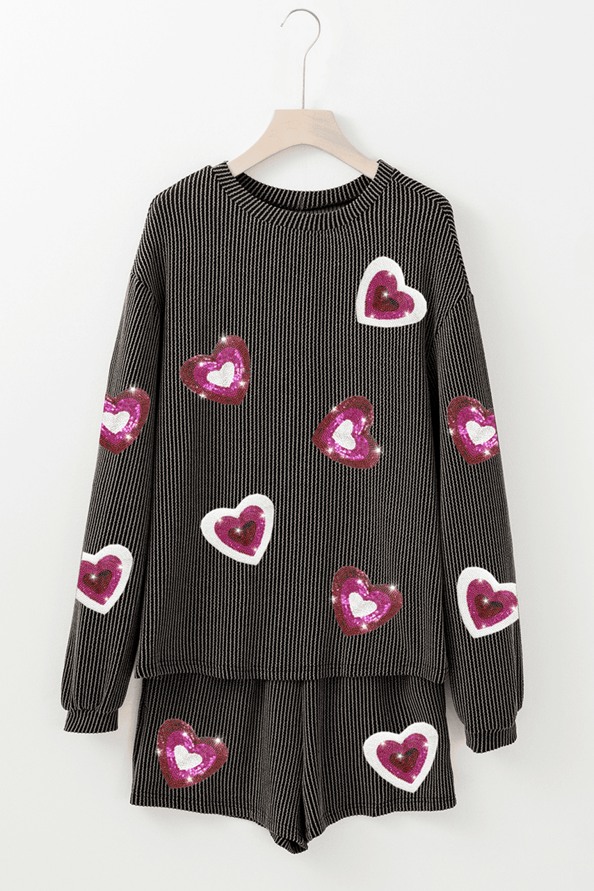 Carbon Grey Valentine Sequin Heart Corded Pullover and Shorts Set