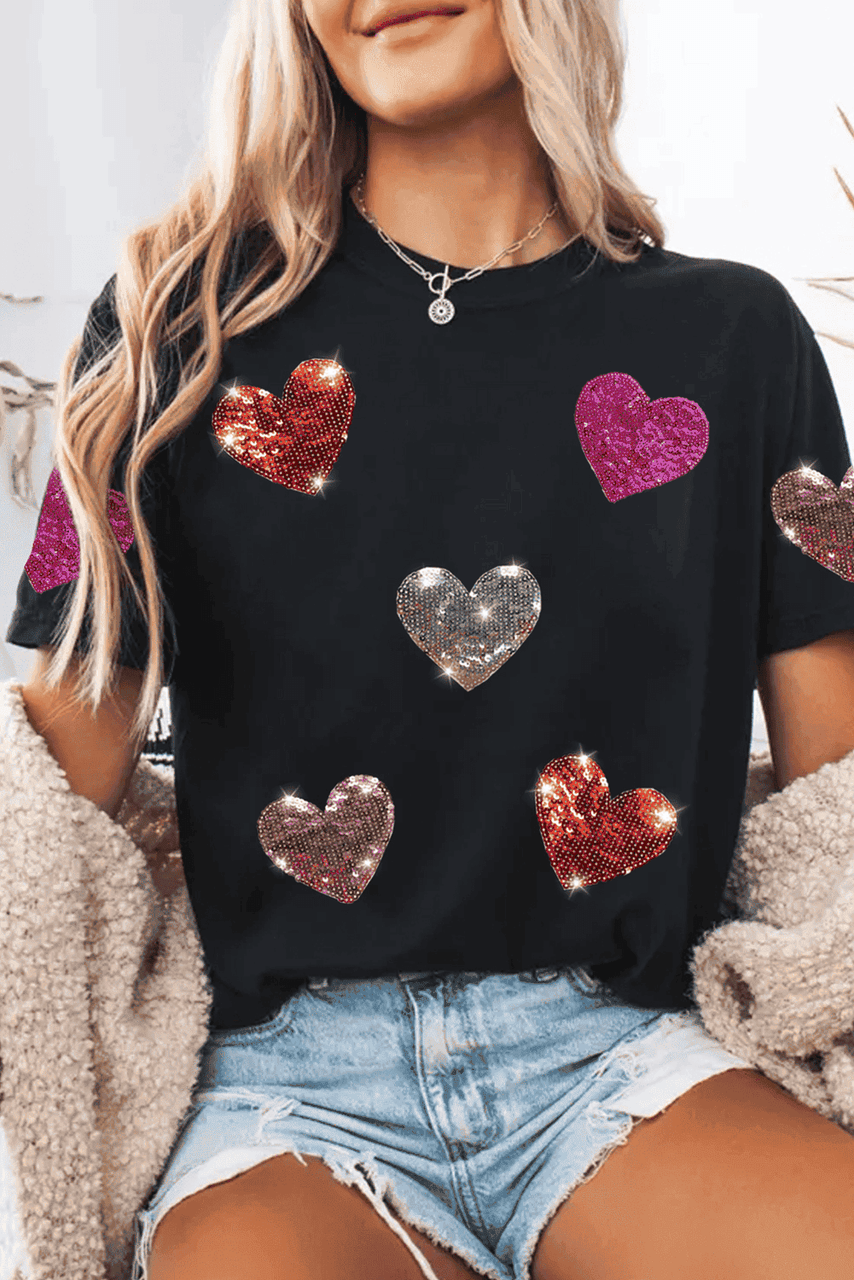 Black Sequin Heart Patched Pattern Crewneck Valentines Tee