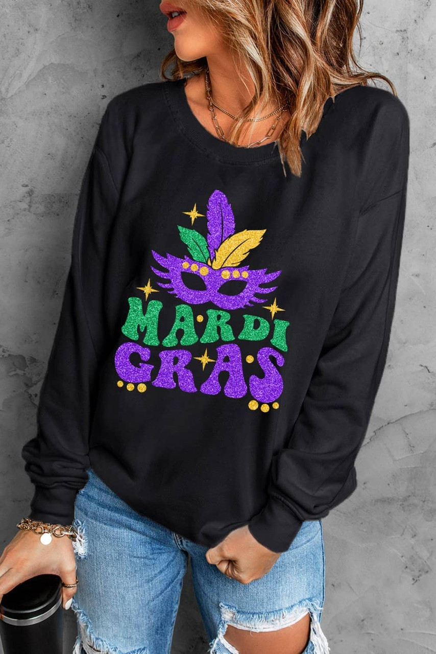 Black Heat Transfer MARDI GRAS Mask Printed Sweatshirt Black Heat Transfer MARDI GRAS Mask Printed Sweatshirt